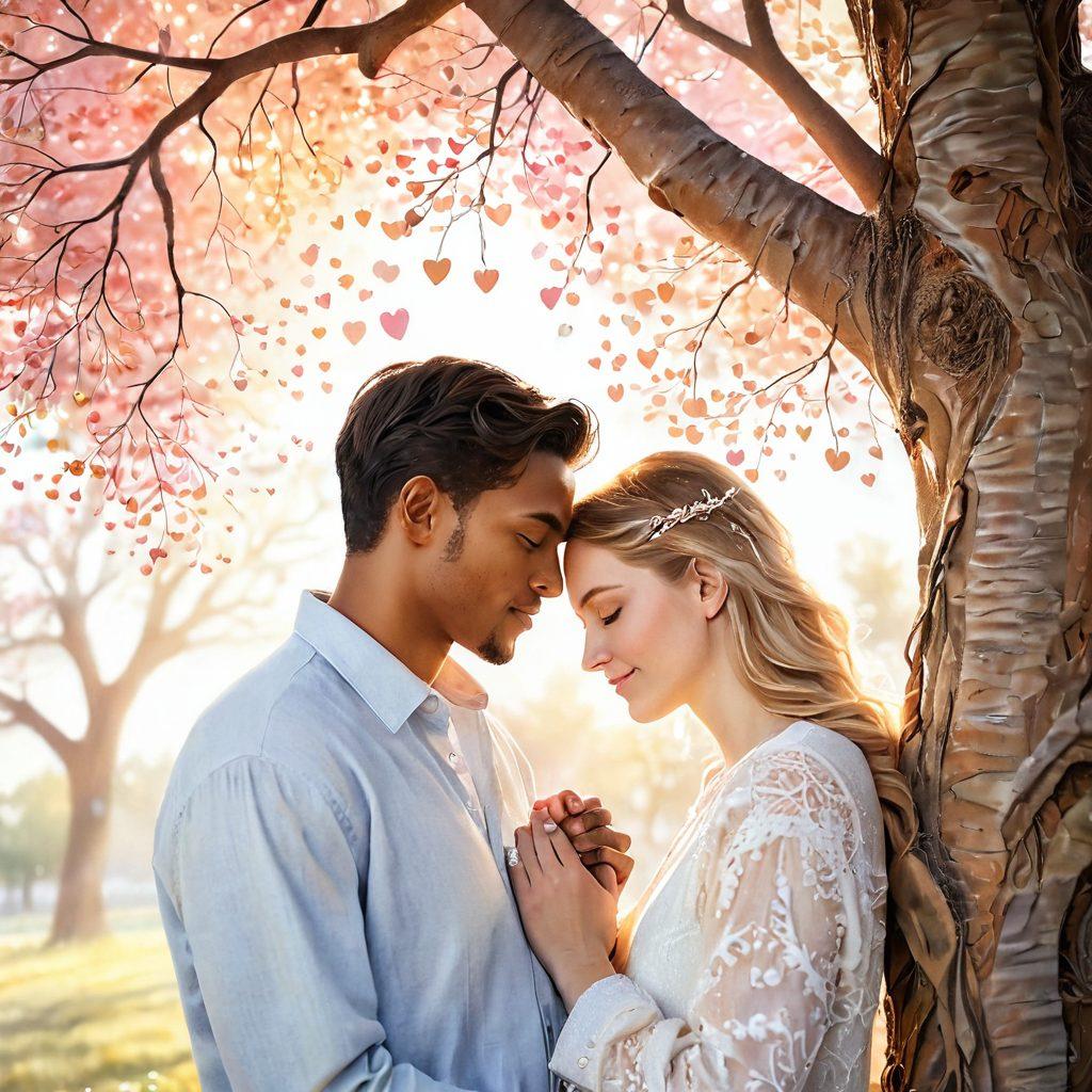 A warm and inviting scene featuring a diverse couple sharing a tender moment under a tree, surrounded by glowing hearts and soft light, symbolizing affection and trust. Include elements like intertwined hands and a shimmering lock and key motif in the background. Soft pastels and gentle textures evoke warmth and intimacy. super-realistic. vibrant colors. white background.
