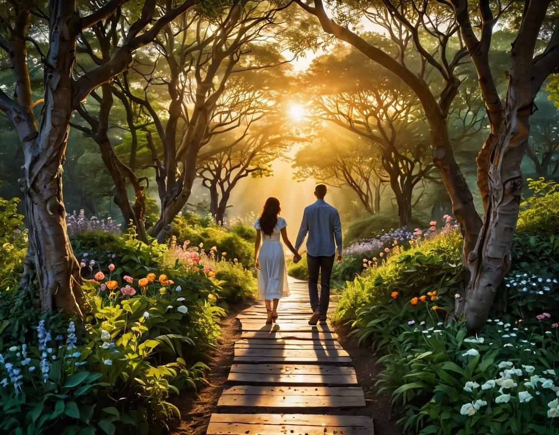 A vibrant path winding through a lush forest, where two figures are seen walking hand-in-hand, their silhouettes bathed in the warm glow of a sunset. Surrounding them are symbols of friendship like intertwined hearts and blooming flowers, representing growth and connection. The path is lined with inspirational quotes about love and friendship etched in elegant script on wooden signposts. Elements of magic and ethereal light enhance the romantic atmosphere. super-realistic. vibrant colors. enchanting background.