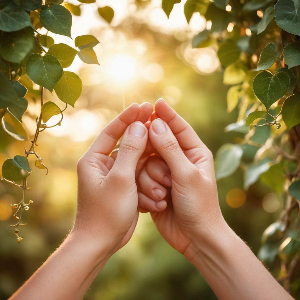 A close-up of two hands gently clasping each other, surrounded by intertwining vines symbolizing growth and connection. In the background, a soft light casts a warm glow, representing trust and warmth in relationships. Subtle heart motifs and communication symbols like speech bubbles float around, enhancing the theme of love and dialogue. romantic, soft focus, warm tones, watercolor style.